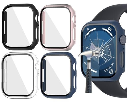 Jvchengxi [4 Pezzi Opaco Custodia 41mm per Apple Watch Series 8 / Series 7 Pellicola Protettiva, Rigida PC Vetro Temperato Cover Anti-Graffio Schermo Full Protezione (Chiaro/Nero/Oro Rosa/Blu Navy)