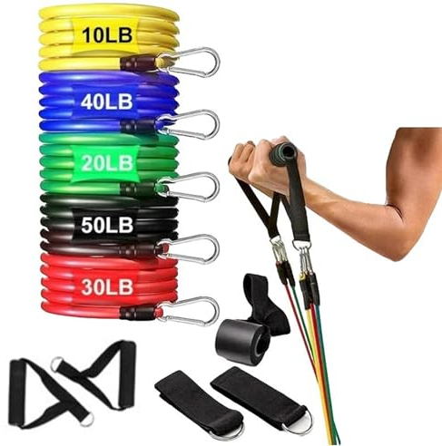 11 teiliges Krafttraining Set mit Aufbewahrungstasche, Fußschlaufen & Türanker | 5x Widerstandsbänder für Yoga Übungen | 2x Kabelzug Griffe | Zubehör für Hometraining, Fitnessgeräte Heim Fitnessstudio
