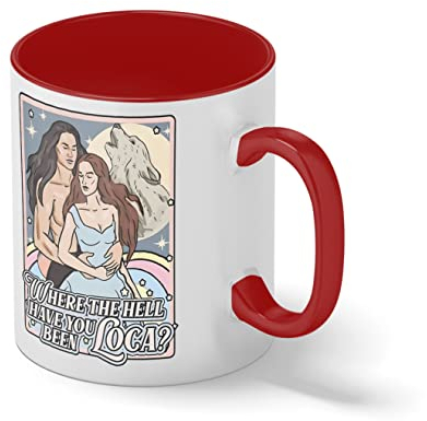 Vintage Art Bella Where the hell have you been loca Weiße Kaffeetasse Mug mit roten Felgen und Griff