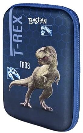 Federmappe Junge mit Namen | Motiv Dinosaurier T-Rex | Gefülltes & personalisiertes 3D Federmäppchen Schüleretui groß in blau