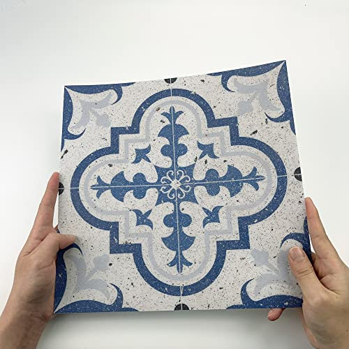 Alwayspon Dalles de sol autocollantes en vinyle PVC imperméable, antidérapant, avec crédence - Autocollant à décoller et coller - 30 x 30 cm - Bleu ciment portugais