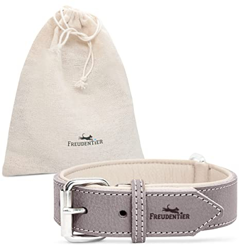 FREUDENTIER® Hundehalsband aus Leder, Made in Holland, gefüttert & super komfortabel, hochwertiges breites Lederhalsband aus Vollnarbenleder, Model “Amstelpark” (27.5-38cm Halsumfang, Graubraun)