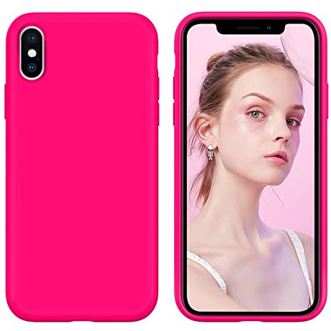 GUAGUA Compatible with iPhone Xs/X Case 5.8 Inch Liquid Silicone Soft Gel Rubber Slim Microfiber Lining Cushion Texture Cover Shockproof Protective Anti-Scratch Phone Cases for iPhone Xs/X, Hot Pink