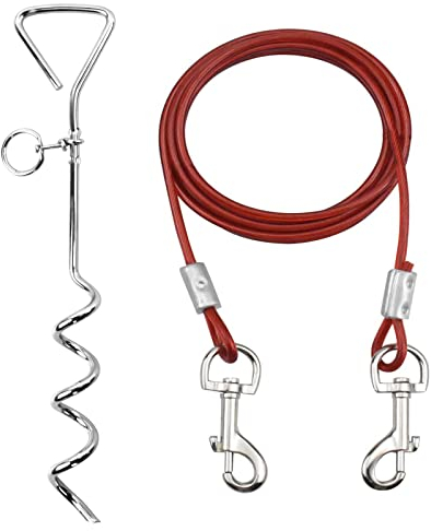 Colexy Anlegespirale Anlegepflock mit Hundeleine, 15 Zoll Anlegepflöcke für Hunde mit 3M Tie-Out Leinen, Edelstahl Bodenanker für Hof und Camping, Rot