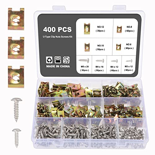 Knpwer 400 Pezzi di Clip a U e Kit di Viti, Assortimento per Auto Con 304 Viti in Acciaio Inox