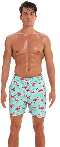 ShopINess Maillot Shorts de Bain de Plage et de Piscine pour Homme à Séchage Rapide avec Doublure en Maille à Motifs (Flamants Roses, S)