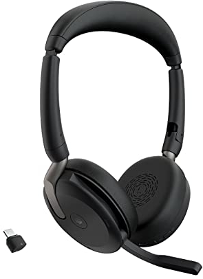 Jabra Evolve2 65 Flex - Stereo-Bluetooth-Headset mit Wireless-Charging-Pad, geräuschunterdrückender Jabra ClearVoice Technologie und hybrider ANC - für MS Teams zertifiziert - Schwarz