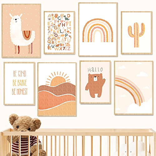 RUIJIE Poster Kinderzimmer Deko Boho, 8er Set Bilder Babyzimmer Junge Mädchen, Regenbogen Wolken Tiere Kinderbilder Wandbilder, A4 Kinderposter Wandposter Bilderwand Dekoration (2 Größen, Ohne Rahmen)