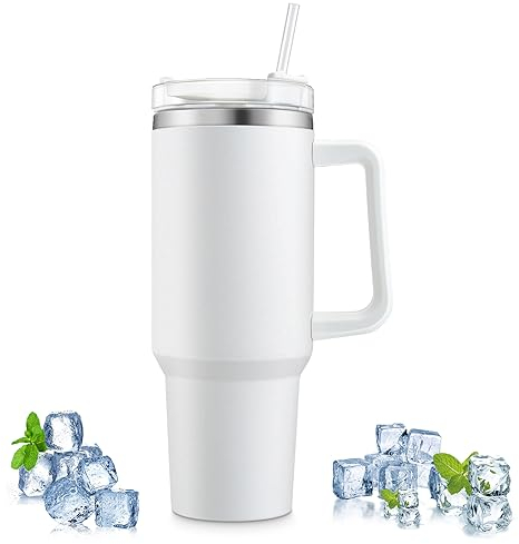 40oz(1200ml)Mug Isotherme avec Poignée,Thermos, Tasse Isotherme Travel Mug sans BPA, Voyage double isolée sous vide avec Couvercle et pailles pour Café Chaud et Froid