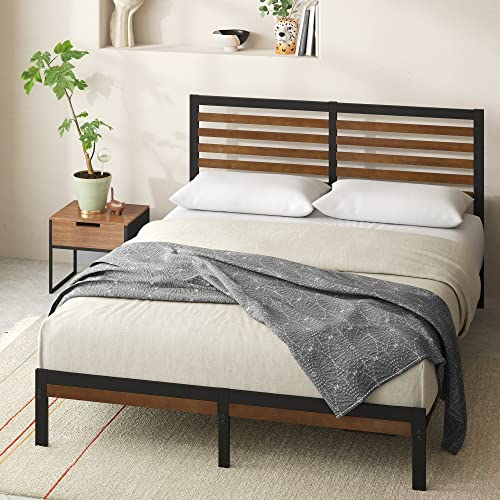 Zinus Kai Lit 140 x 190 cm - 23 cm de hauter - Lit Double - Cadre de lit en métal et bamboo - Marron et Noir