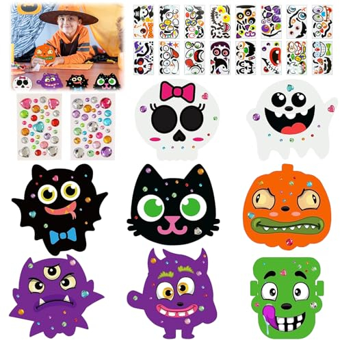Seasboes 8 Kits Herbst Halloween Kürbis Dekorationen, DIY Herbst Kränze Bastelset für Kinder, Schaumstoff-Kürbisformen mit Herbst-Ahornblättern, Aquarellstift, Strass-Aufkleber für Kinder