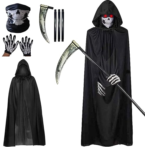 KEELYY Sensenmann Kostüm, Halloween Kostüm Sensenmann Umhang mit Kapuze Halloween Sense Gesichtsmaske Handschuhe, Tod Kostüm für Erwachsene Halloween Party Dekoration, Cosplay, Karneval