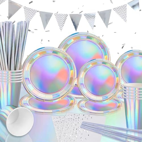 Juego de vajilla de fiesta de cumpleaños, 20 invitados, platos de papel y servilletas, mantel de papel, juego de vajilla para fiesta iridiscente, plata, cumpleaños, boda, Navidad, cumpleaños infantil