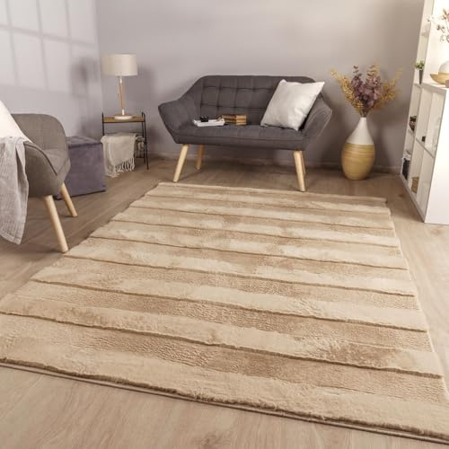 TT Home Wohnzimmer Teppich Esszimmer Langflor Skandi Optik Geometrisch 3D Unifarben, Farbe:Beige Taupe, Größe:160x220 cm