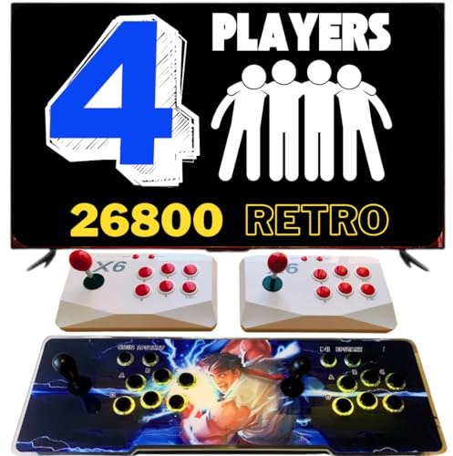 Consola Arcade con 26.800 Juegos Retro Originales para 4 Jugadores, con 2 mandos Extra inalámbricos, Luces LED Que cambian de Color, Sistema de Audio y joysticks ovalados.