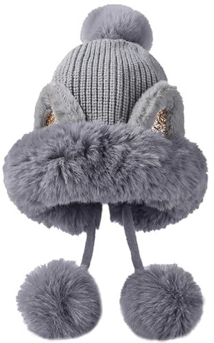Malaxlx Damen Wintermütze Grau Katzenohren Peruanische Mütze Strickmütze Warme Winter Beanie Mütze Fellmütze Pelzmütze Bommelmütze Plüsch Ohrenklappe Mütze