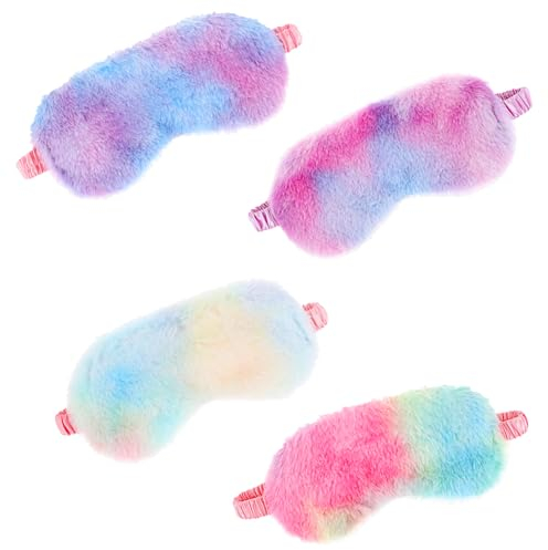 WLLHYF 4 Stück Plüsch-Schlafaugenabdeckung pelzige Schlafmasken weiche bequeme Augenbinde Regenbogen-elastischer Kunstfell-Augenschutz für Erwachsene Kinder Reisen Nickerchen Schlafen (Bunt)