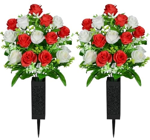 SIFOEL 2 pezzi fiori artificiali del cimitero con il vaso, fiori artificiali della tomba della rosa per la decorazione della lapide del cimitero (Red & White)