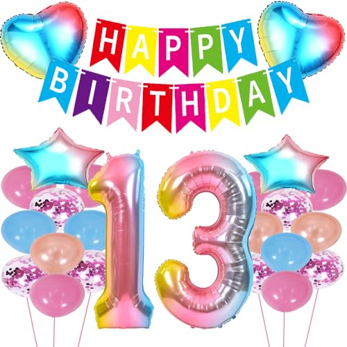 ZWWsullo geburtstagsdeko mädchen 13 geburtstag Luftballon 13 Geburtstag Dekoration Set 13 Geburtstag Deko Regenbogen 13 Geburtstag Deko Helium Folienballon Riesen Helium Happy Birthday Party