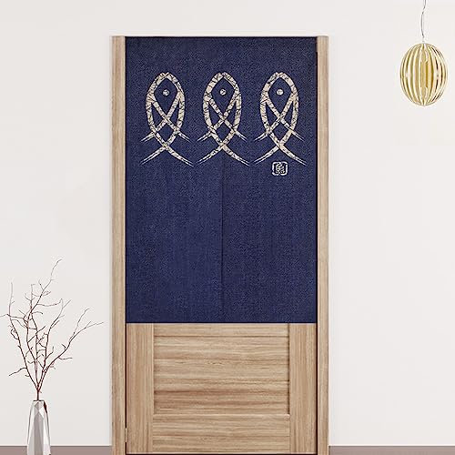 Noren Style Chinoise Rideau de Porte Style Japonais Fenêtre Rideaux Panneau Tenture Tapisserie Traditionnel Imprimé Coton Lin Décoration de Porte Tapisserie Décoration poisson bleu 65 x 90 cm