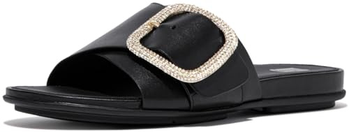 Fitflop Women's Gracie Crystal Maxi-Buckle Leather Slides Sandal, Black, 5 UK