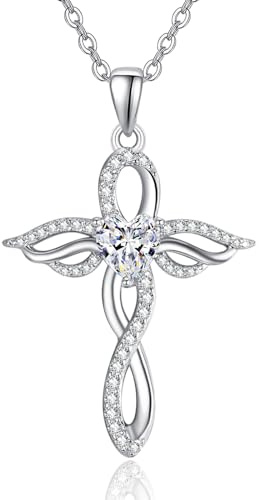 TANGPOET Engelsflügel Halskette für Frauen 925 Sterling Silber Schutzengel Anhänger, Herz Kreuz Geburtsstein Kette, Geburtstag Schmuck Geschenke für sie