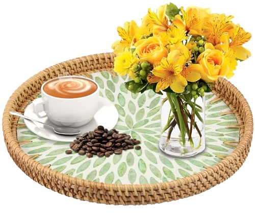 Round Rattan Woven Serving Tray, 30cm Decorative Display Tray Table Storage Tray Multipurpose Woven Centerpiece Tray for Bread Coffee Snacks Fruit Kitchen Living Room(Leaf)
