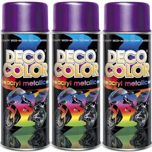 Deco Color 3er Sparpack Lackspray 400ml - Sprühlack mit Effekt für z.B. KFZ, Fahrrad uvm. (3 Dosen Lackspray Violett mit Metallic-Effekt)