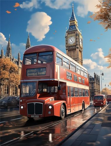 Bus Diamond Art, DIY 5D Big Ben Diamond Painting Kit 40x53cm, Round Full Drill Diamond Dots Crystal Art Kits for Beginners, Cross Stitch Kits Gem Art Paintings Crafts for Adults, Room Decor Gifts