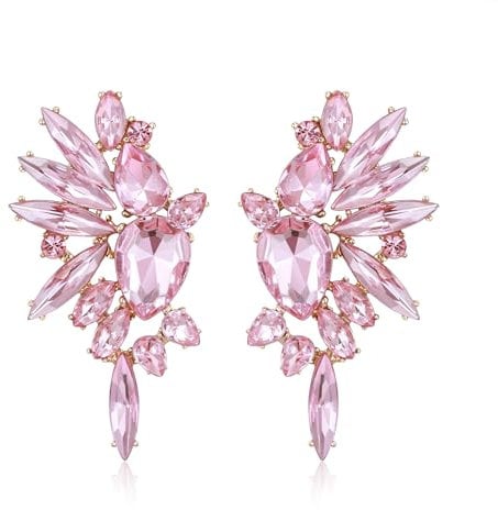 EVER FAITH Crystal Fashion Statement Cluster Earrings, Art Deco Marquise Teardrop Dangle Earrings for Women Girls Pink Gold-Tone