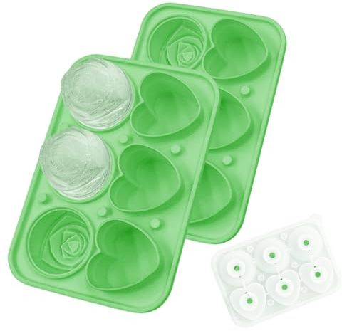 Pulsky 2 Pcs Silicone Ice Cube Tray, Green Ice Cube Tray with Lid, Food-Grade Silicone Moulds with 3 Roses and 3 Hearts, Reusable Ice Tray for Drinks, Cocktails and Frozen Liquids