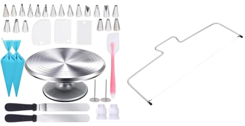 Cake Turntable 12 Inch, Uten Cake Stands, Aluminium Cake Decorating Display Stand, 33pcs Cake Decora & KitchenCraft Sweetly Does It Cake Slicer, Leveller, Layer Cutter Wire
