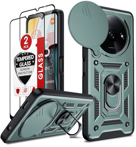 LeYi Funda para Xiaomi Redmi A3 4G con [2-Unidades] Cristal Vidrio Templado, Carcasa Cubierta de cámara Deslizante Proteger Anillo Soporte Silicona TPU Armor Bumper Case, Verde