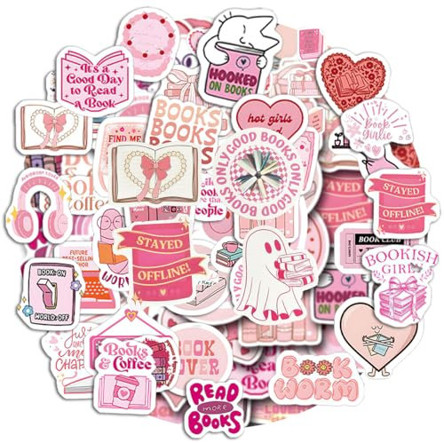 60 Pcs Pink Aesthetic Stickers, Self-Adhesive Waterproof Cute Vinyl Reading Stickers for Water Bottle, Scrapbook, Notebook, Laptop, Book, Computer (Style 2)