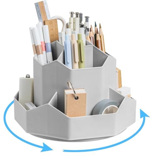 Ceysin Desk Organiser, 360 Degree Rotating Pen Pencil Holder with 9 Compartments, Multifunctional Pen Pots Makeup Brushes Holder Desktop Stationary Storage for Home Office Supplies Desk Tidy (Grey)