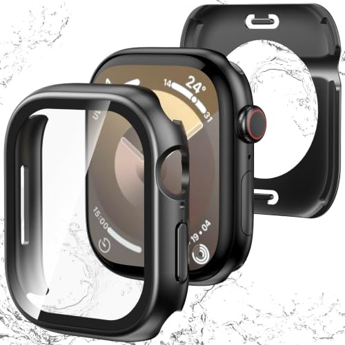 YIJDACASE 3 in 1 Waterproof Case for Apple Watch Screen Protector 45mm Series 9 8 7 Accessories Built-in Tempered Glass Film,Front and Back PC Hard Bumper 360° Protective Face Cover for iWatch 45mm