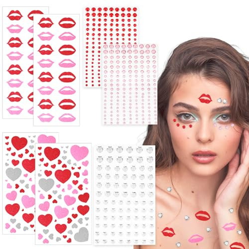 584 Stück Glitzer Gesicht Tattoo Sticker, Face Paint Herzen Sticker, Selbstklebend Herz Lippen Art Sticker, Glitzer Strassstein Gesichtstattoo Aufkleber, Valentinstag Karneval Makeup für DIY Handwerk