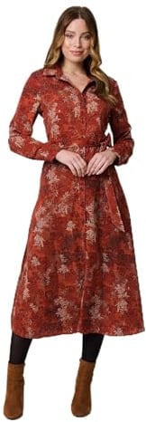 Izabel London Leaf Print Tie Waist Midi Shirt Dress for Women UK with Long Sleeves, Buttons and a Collar. Orange