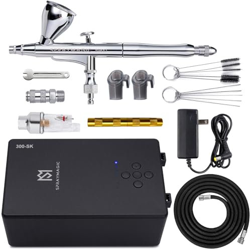 SprayMagic Kit de aerógrafo con compresor de aire, pistola de cepillo de aire de doble acción de alta presión de 55 PSI, juego de pistola de pulverización de aerógrafo para modelos, pintura,
