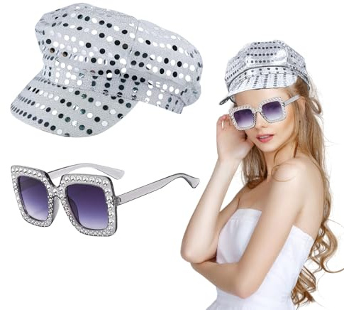 UILYNIU 2 Stück 70er Jahre Silber Disco Hut für Erwachsene Pailletten Hut Abba Hut Abba Zubehör Quadratisch Bling Sonnenbrille Retro Disco Verkleidung Frauen Thema Party Geburtstag Tanz