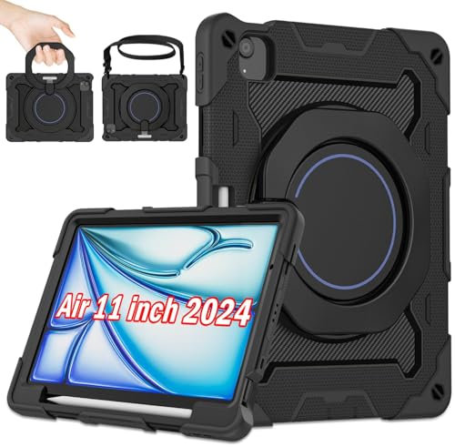 ROISKIN for iPad Air 11 inch Case (M3/M2 2025/2024) with HD Screen Protector & Shoulder Strap,Heavy Duty Shockproof Kids Case for iPad Air 11 with Pencil Holder/360° Rotating Stand -Black