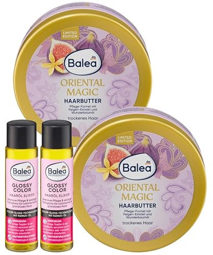 Balea 4er-Set-Haarpflege: Professional Haaröl-Elixier GLOSSY COLOR verleiht glanzlosem & coloriertem Haar seidigen Farbglanz, 2 x 20 ml + Haarbutter ORIENTAL MAGIC Geschmeidigkeit, 2 x 150 ml (340 ml)