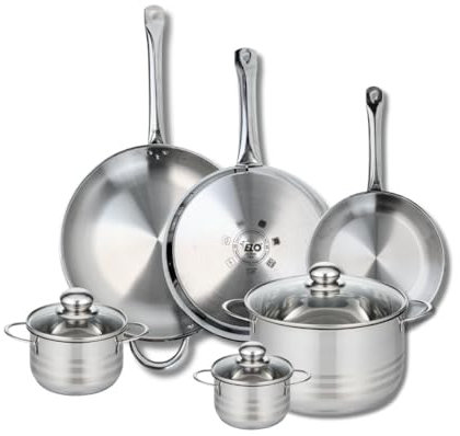 ELO 9886250 Batterie de cuisine 6 pièces, Ensemble de 3 Poêles de cuisson 24, 28 et 32 cm et 3 faitouts 12, 14 et 24 cm Elo Profi Brillant, inox, induction