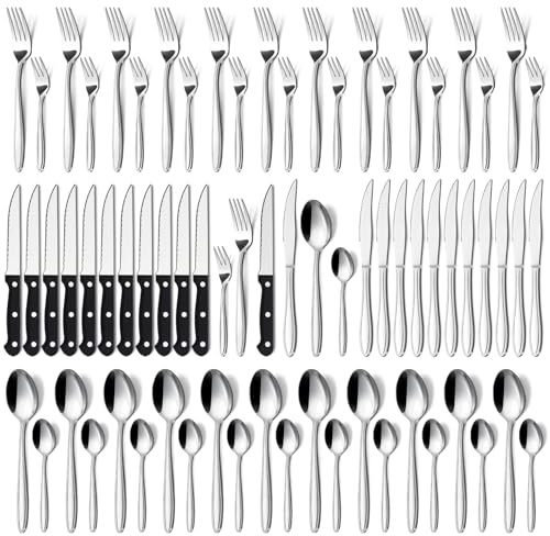 Hunnycook Set posate 12 pers. coltello bistecca, acciaio inox, 72 pezzi, elegante set casa ristorante fête