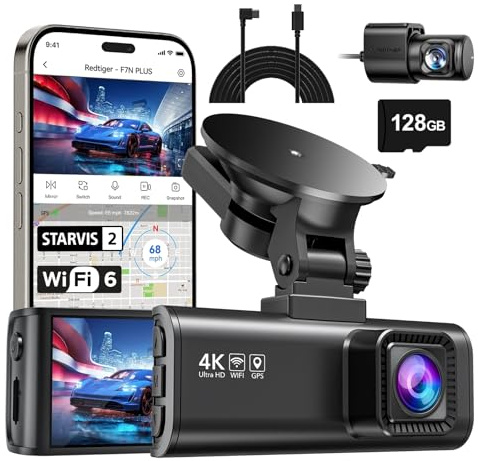 REDTIGER F7NP Dashcam und USB-C-C-Stromkabel, 4K Starvis 2 Dashcam Auto mit integriertem GPS, WLAN und mitgelieferter Speicherkarte