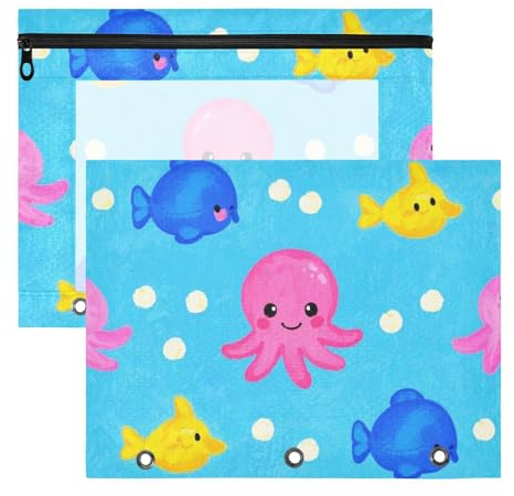 WDdZzyy Bindertaschen mit Cartoon-Tiermotiven, Meerestieren, Fischen, blau, bunt, tragbar, 3 Ringe, Tasche für 3 Ringe, 2 Stück, für Studenten, Lehrerbedarf