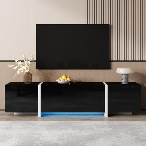 Merax Meuble TV bas à LED noir brillant avec pieds de table contrastés blancs, 3 portes, tiroir et porte battante, meuble TV de salon minimaliste – 170 x 30 x 39 cm