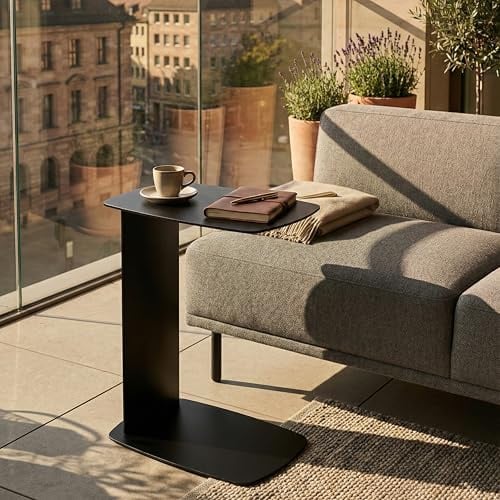 Siqual Design Beistelltisch Metall C-Form, pulverbeschichtet & wetterfest – Sofa Couch Tisch für Wohnzimmer, Balkon & Terrasse – Standby (Schwarz)