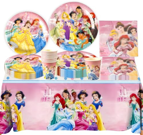 Luclay Geburtstag Deko Prinzessin Pappteller Kindergeburtstag- Partygeschirr Set 51 Pcs Rosa Party Supplies Set Princess Party Dekor Geburtstag Deko Mädchen Teller Tischdecke Servietten Tassen