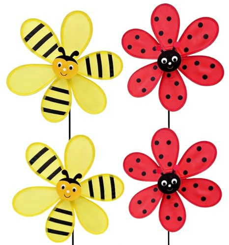 4Pcs Bee and Ladybird Wind Spinner Windmill, Colorful Decorative Pinwheel Ornament, Outdoor Garden Yard Lawn Backyard Patio Balcony Landscaping Decoration